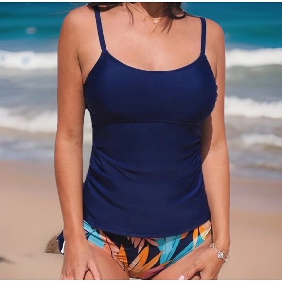 Cupshe Women’s Tankini Swimsuit S Blue Tropical 2 Piece Scoop Neck UPF 30 Tie - Picture 1 of 9